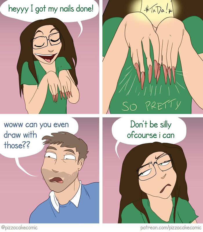 Woman showing long painted nails in a funny comic about life, cats, and everyday chaos with playful dialogue.