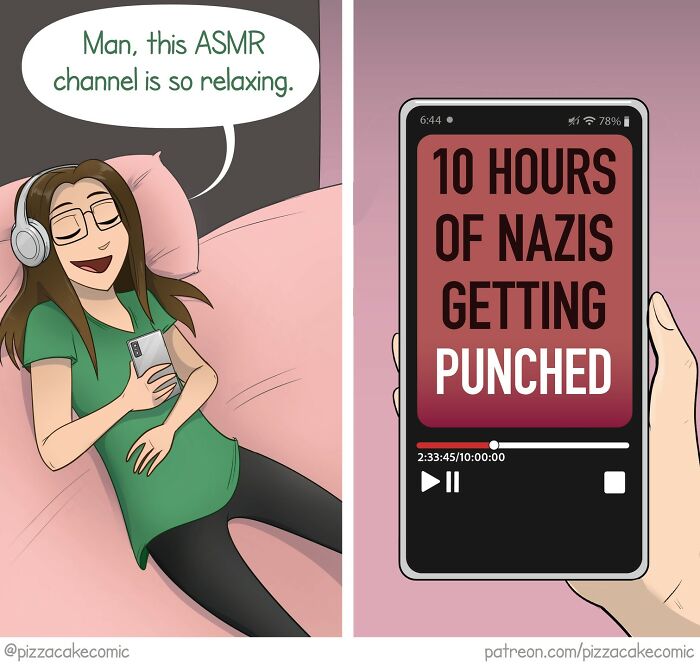 Person relaxing with headphones and phone showing a funny comic about life, cats, and everyday chaos humor.