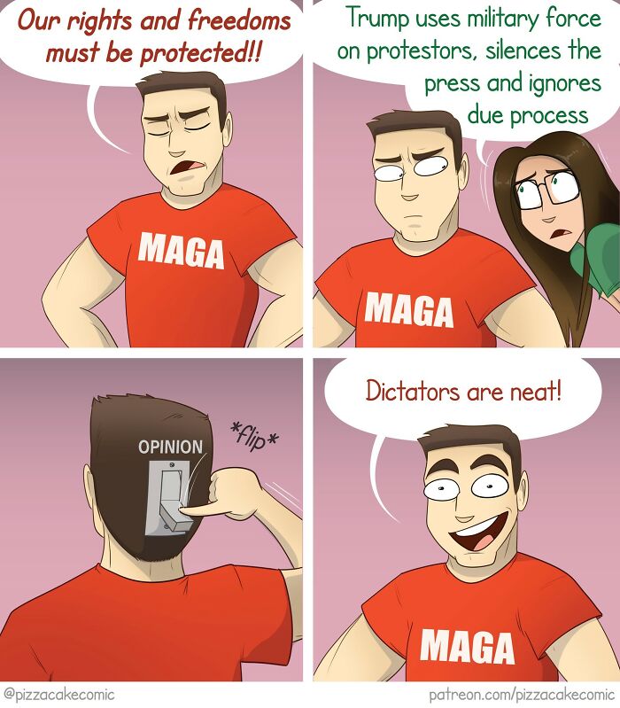 Comic about life and everyday chaos showing a man in a MAGA shirt switching his opinion like a light switch.
