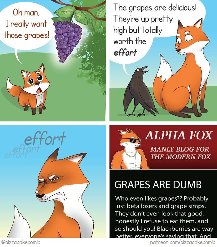 Comic featuring a funny fox and crow discussing grapes, capturing life, cats, and everyday chaos humor.