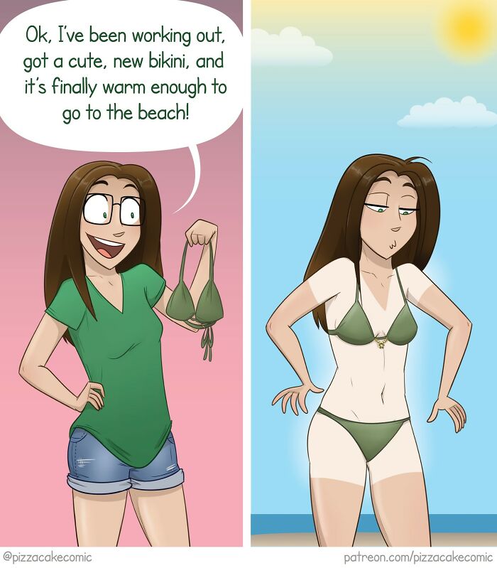 Woman excited about new bikini then disappointed by tan lines, comic about everyday chaos and life humor with cats.