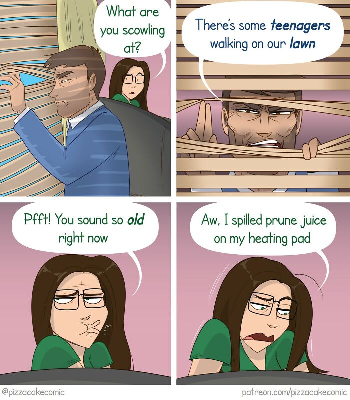 Funny comic panels showing a man scowling at teenagers on the lawn and a woman complaining about spilled prune juice.