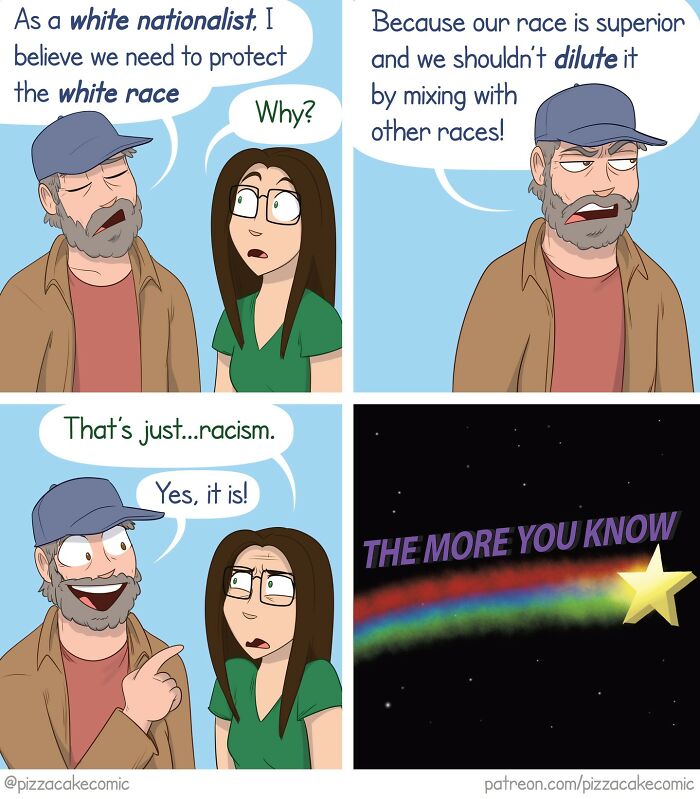 Funny comic about everyday chaos showing a conversation on racism with a surprising twist and the more you know star.