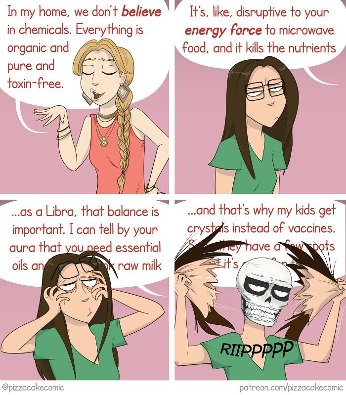 Funny comic about life showing two women discussing organic living and alternative health with a humorous twist on everyday chaos.