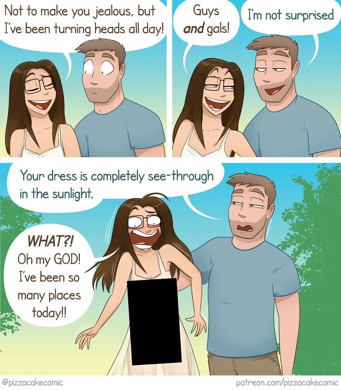 Comic featuring a couple in everyday chaos with a humorous moment about a cat’s see-through dress in sunlight.