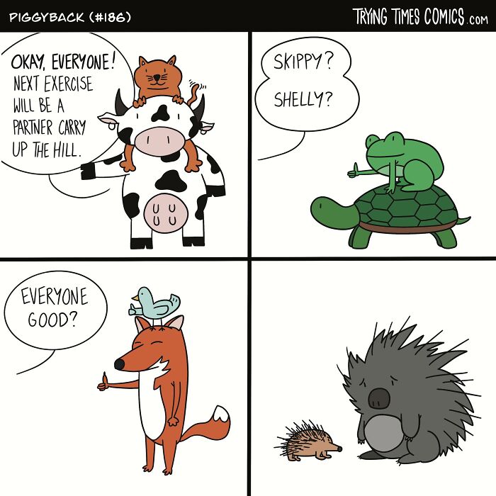 Comic panels showing various animals carrying partners, illustrating joy and chaos of life with animals in pet comics.