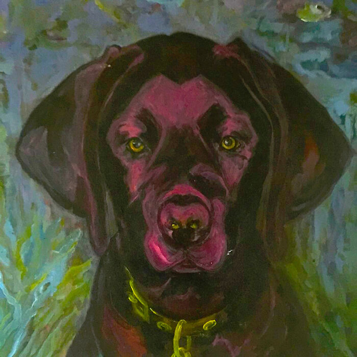 Pet portrait painting of a black dog with yellow eyes, showcasing detailed brushwork on a 12 by 12 inch canvas.