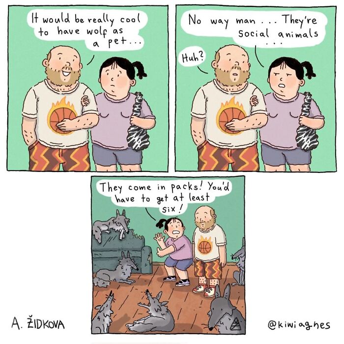 Comic strip showing a humorous and slightly dark conversation about wolves as pets by a funny artist.