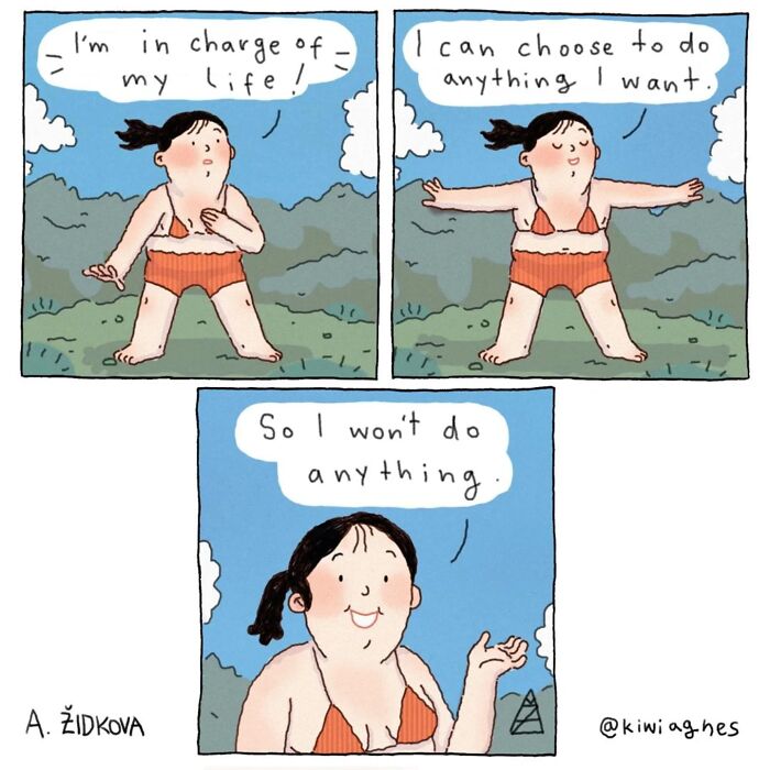 Comic panel by artist creating funny and slightly dark comics showing a woman choosing to do nothing.