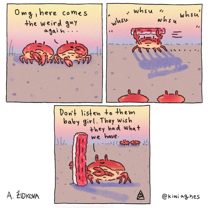 Comic strip featuring funny and slightly dark crab characters with humorous and ironic dialogue by artist A. Židkova.