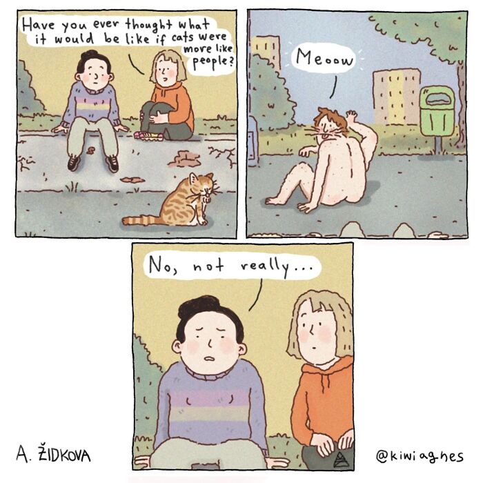 Comic strip by artist showing funny and slightly dark humor with characters imagining cats acting like people outdoors.