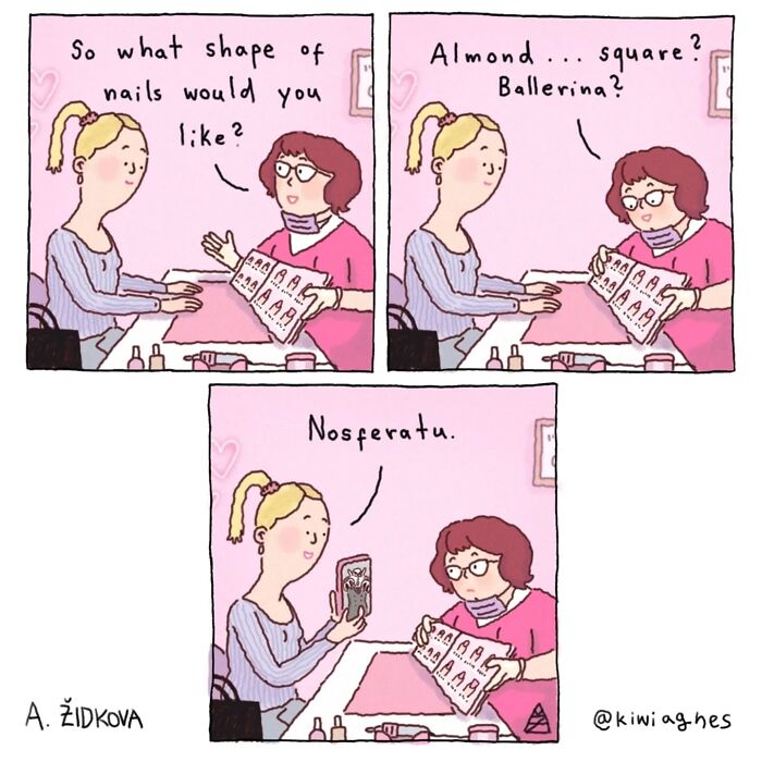 Comic strip showing a humorous nail salon scene with a dark twist, from an artist creating funny and dark comics.