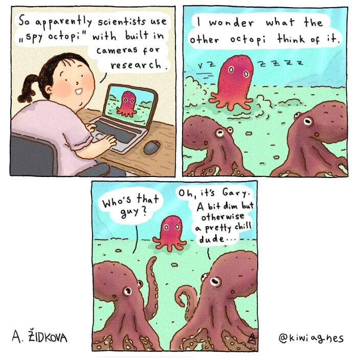 Comic by artist A. Židkova shows funny octopi in a dark humor style, reflecting her unique and entertaining comic creations.