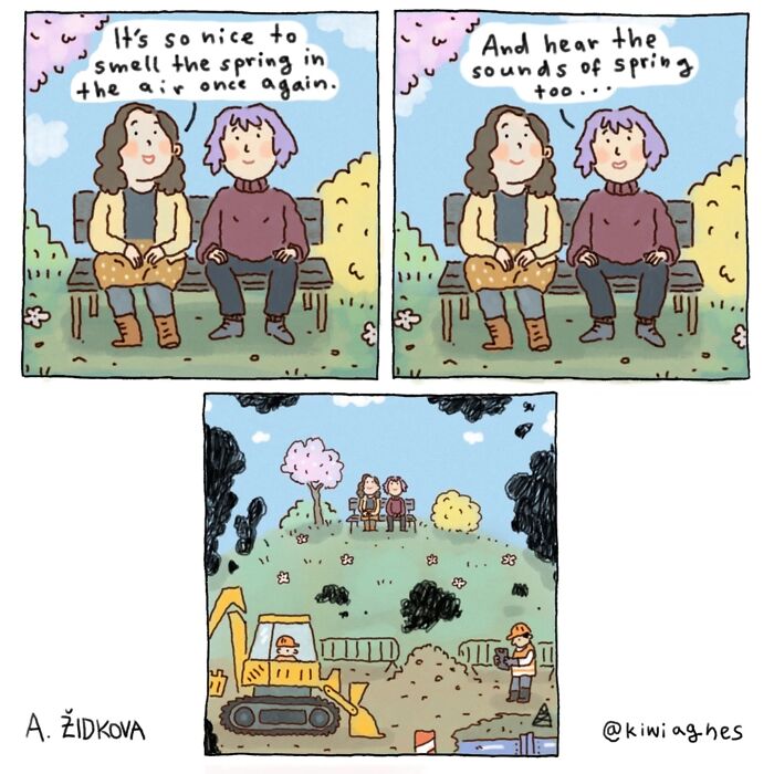 Comic panels by an artist creating funny and slightly dark comics, showing contrast between peaceful spring and construction noise.