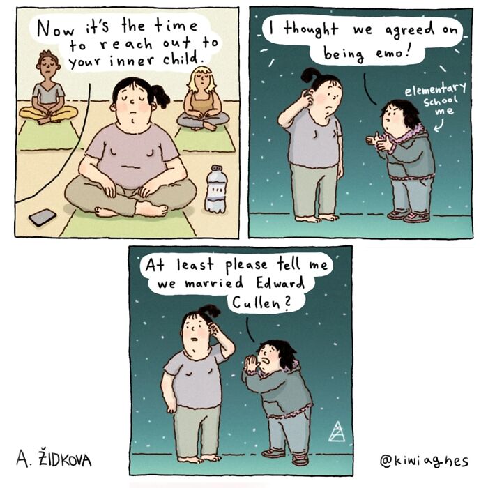 Comic illustration showing a humorous and slightly dark comic featuring an adult and their elementary school self.