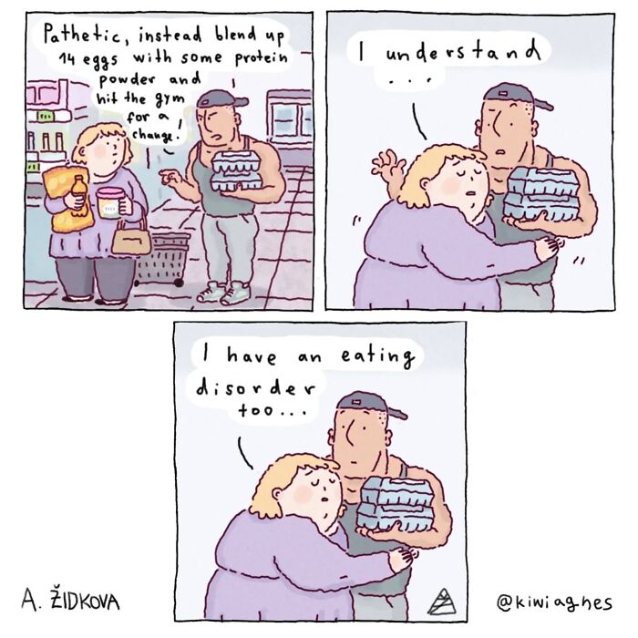 Comic panels by artist Kiwi Aghes showing humorous and dark themes about eating disorders and gym culture.
