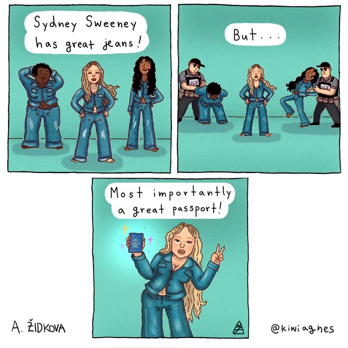 Comic panels by artist showing women in jeans with police detaining one, highlighting humor and dark themes in new works.