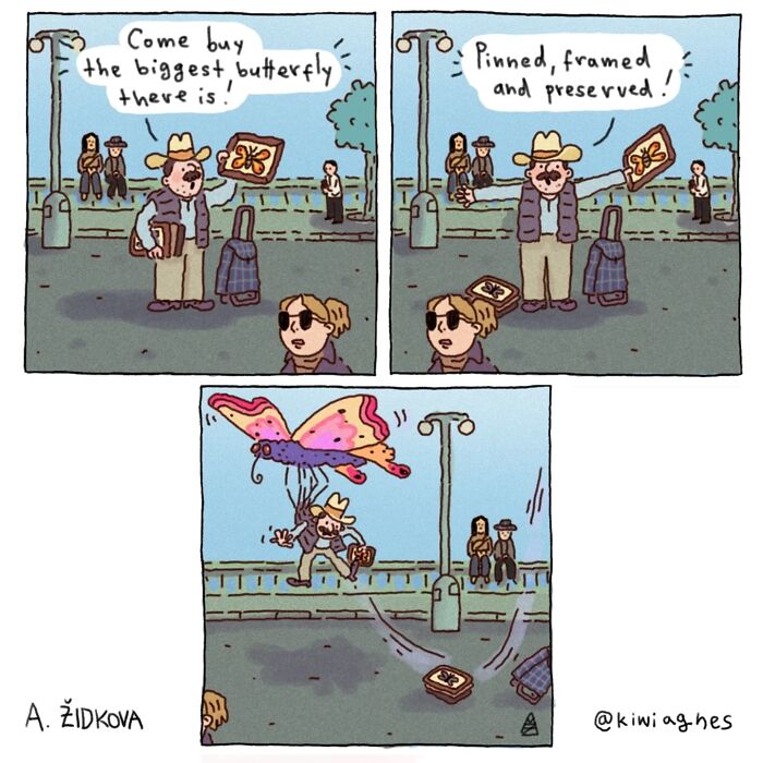 Comic strip by artist showing a funny and slightly dark scene with a man selling a giant butterfly cartoon.