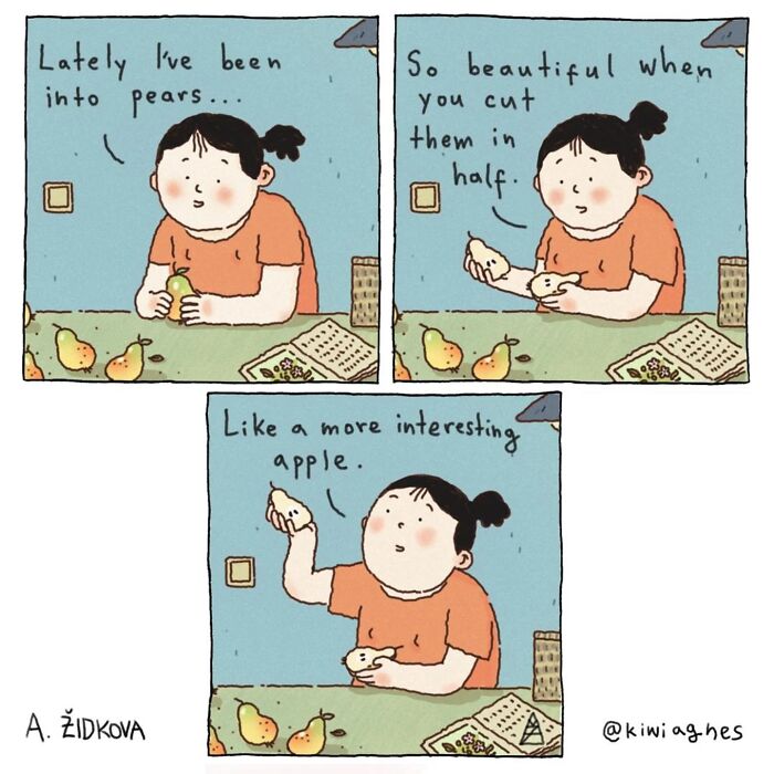 Comic artist illustrating funny and slightly dark comics featuring a girl humorously comparing pears to apples.