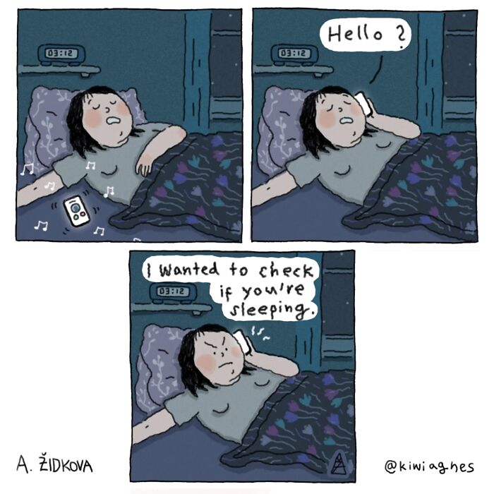 Comic artist's funny and slightly dark comic showing a woman checking if someone is sleeping late at night.