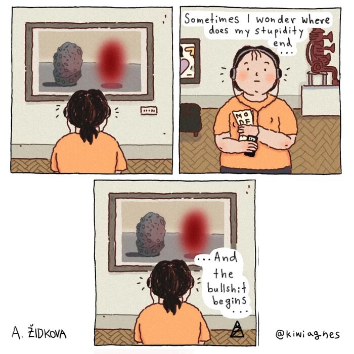 Comic panels by artist Kiwi Aghes showing a character reflecting humorously and darkly on their thoughts in a gallery setting.