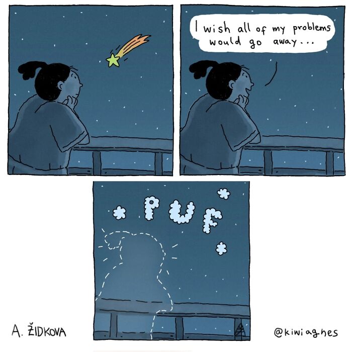 Comic panel showing a person wishing their problems away, with a dark and funny comic style by the artist.