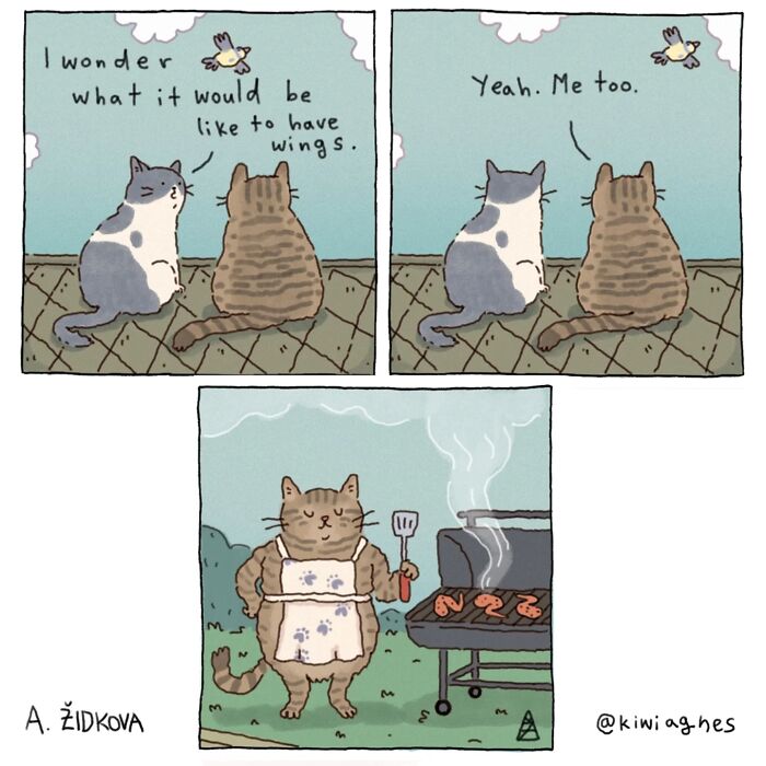 Two cats and a bird in a funny comic by an artist known for dark and humorous comics, featuring grilling cat scene.