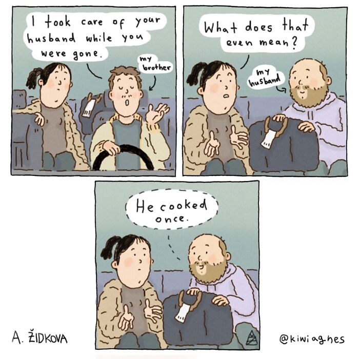 Funny and slightly dark comic panels showing conversation about caring for a husband with humorous twists.