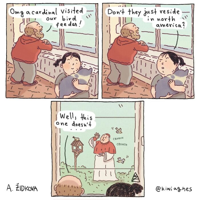 Comic panels showing a funny and slightly dark comic about a cardinal at a bird feeder by artist A. Židkova.