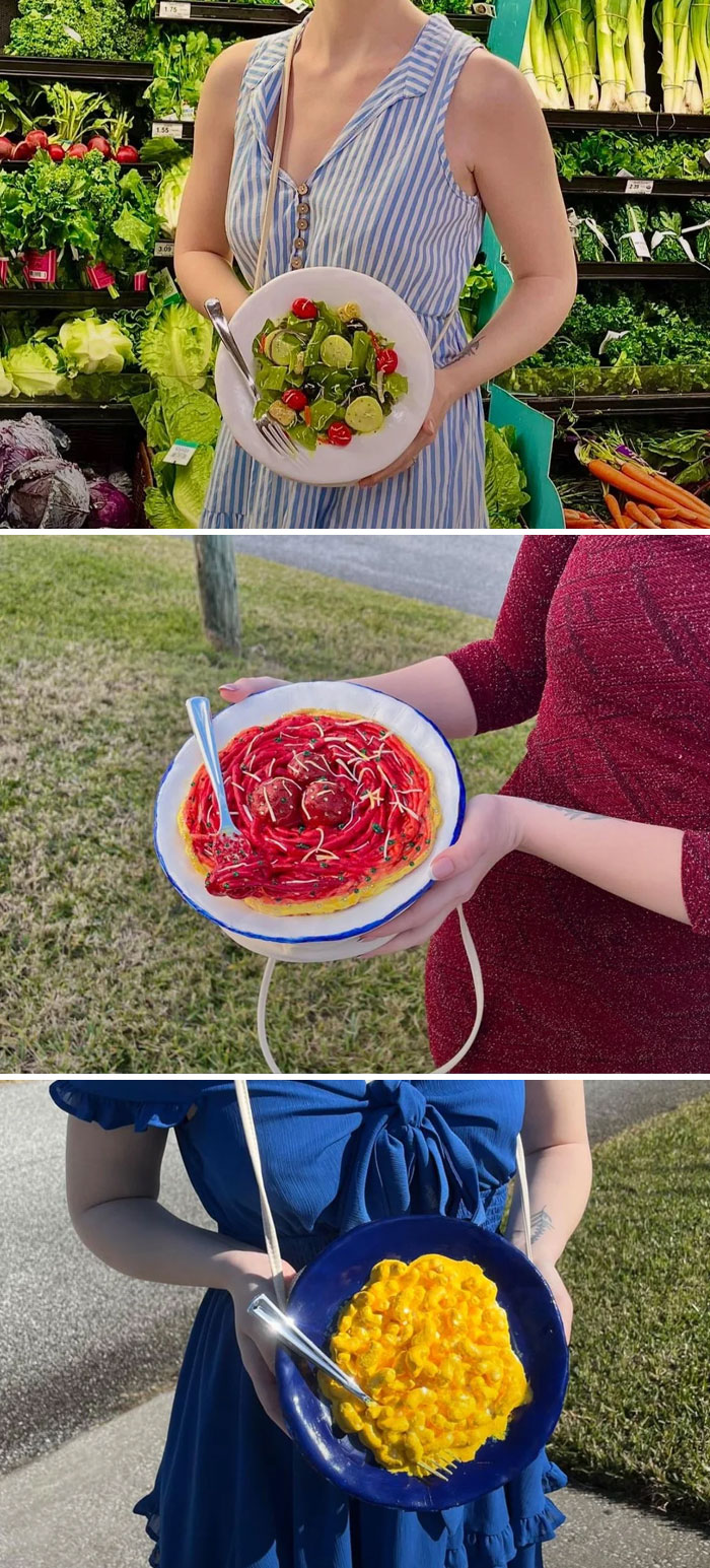 Three women wearing food-themed purses shaped like salad, spaghetti, and macaroni, showcasing awful taste but great e*******n.