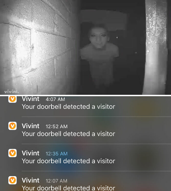 Black and white doorbell camera image of a visitor at night with repeated notifications, showing Reddit moments not for the faint hearted.