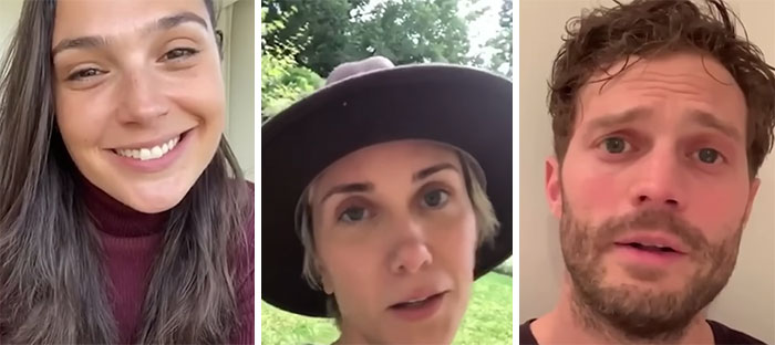 Three celebrities in separate video frames attempting to be relatable but appearing out-of-touch and disconnected.
