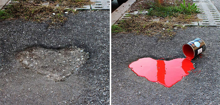 Heart-shaped pothole in pavement on the left and a spilled red paint can forming a heart shape on the right, street art photos.
