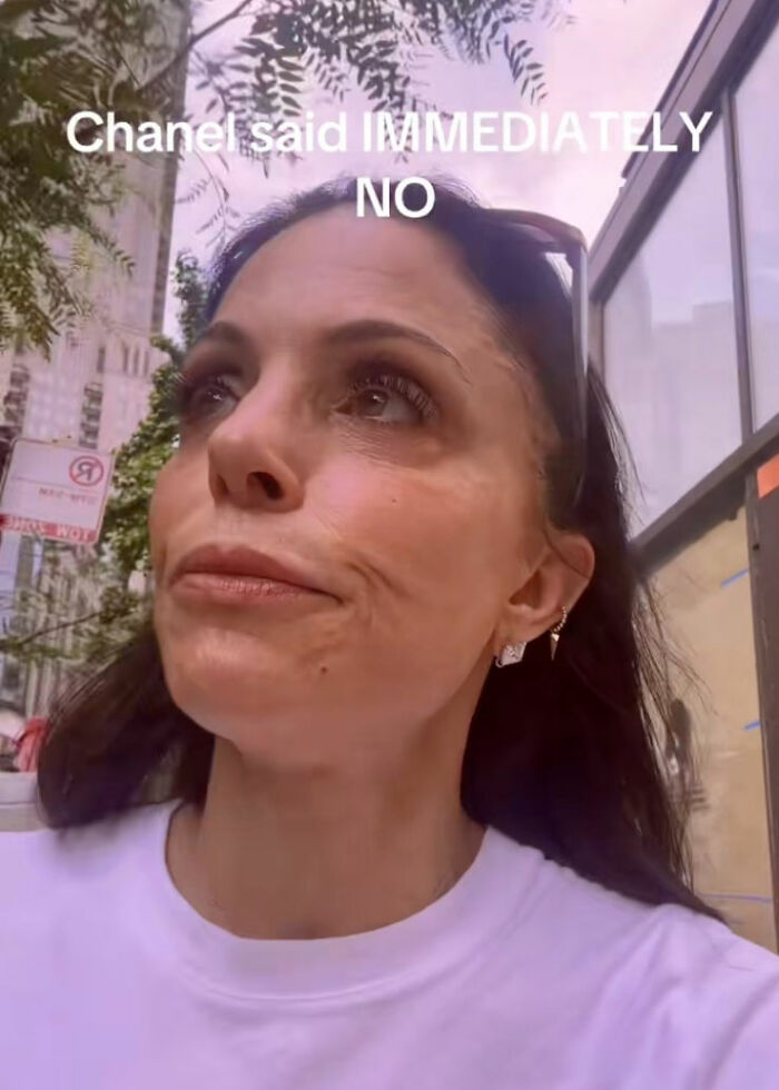 Bethenny Frankel outdoors with text about Chanel rejection, expressing frustration with brand after store denial.
