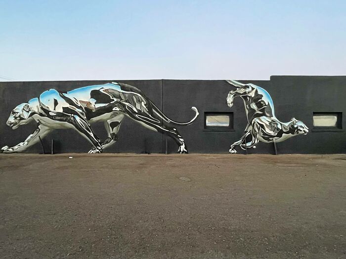 Metallic animal murals on a black wall showcasing graffiti artistry blending realism and abstraction by Alexander Vizsla Bacon.