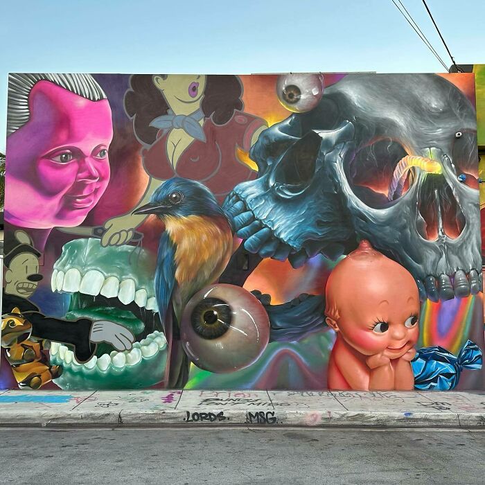 Colorful mural blending graffiti, realism, and abstraction featuring a bird, skull, eyeball, and various surreal elements by Alexander Vizsla Bacon.