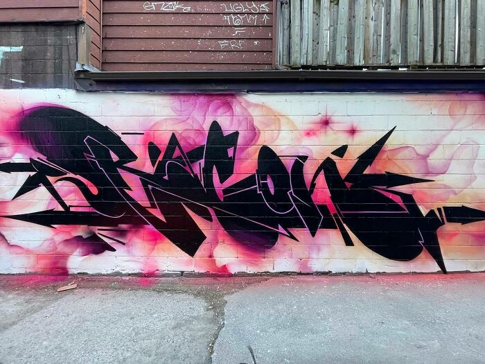 Graffiti mural by Alexander Vizsla Bacon featuring abstract black shapes and pink, orange, and white realistic background blending styles.