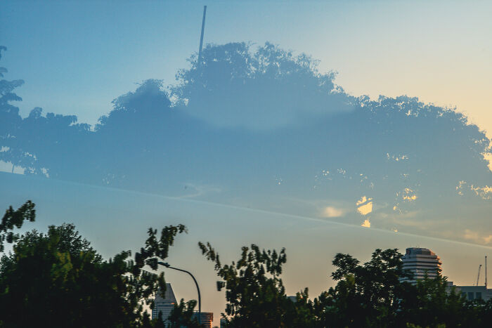 Cityscape at sunset with trees and buildings, showcasing poetic cinematic images by a creative photographer.