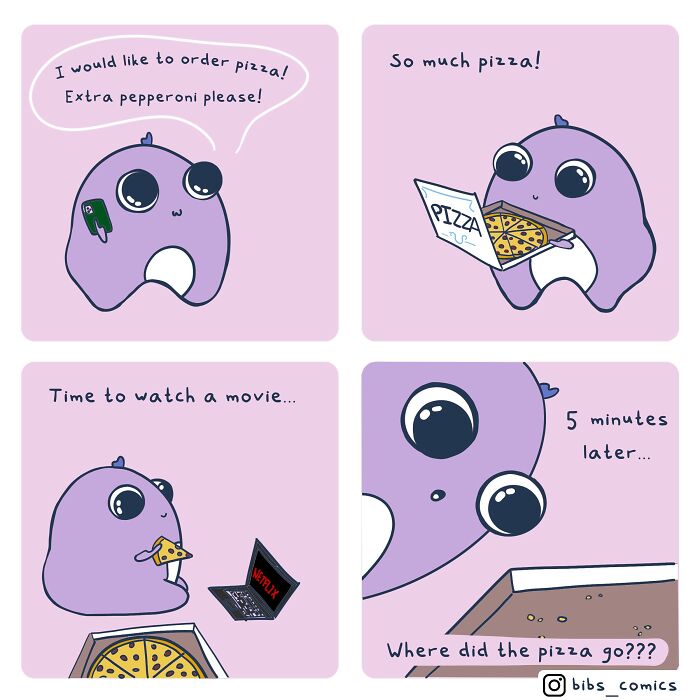 A wholesome comic featuring a cute character ordering pizza and humorously losing it within minutes.