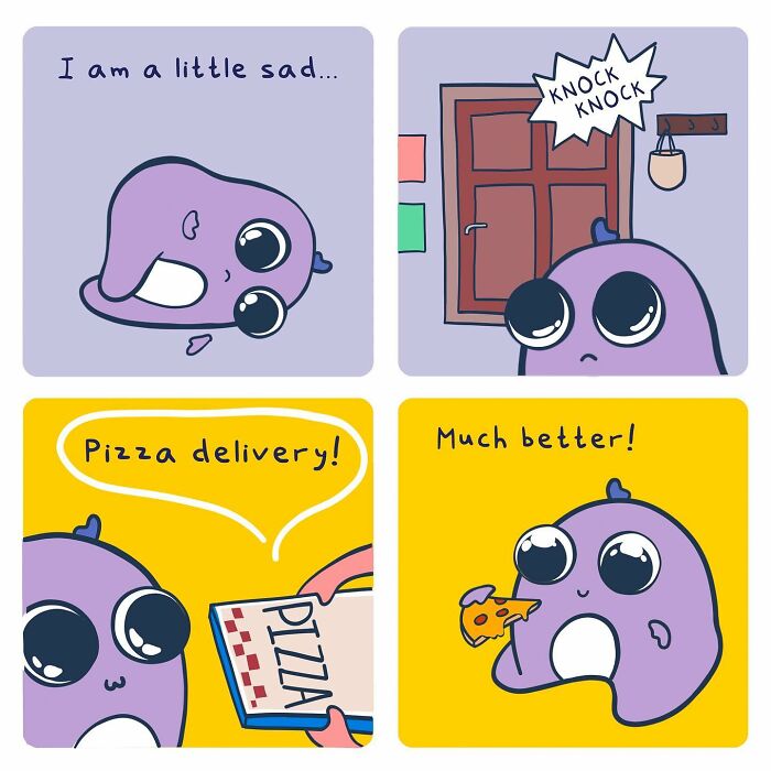 Cute purple character feeling sad and happy in wholesome comics with pizza delivery bringing joy and comfort.