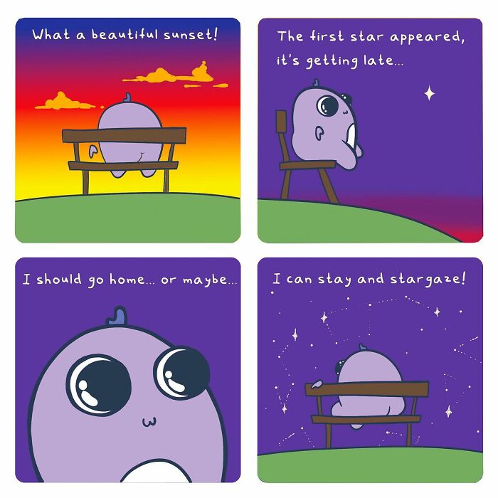 Wholesome comics featuring a cute character enjoying a sunset and stargazing on a bench under a colorful sky.