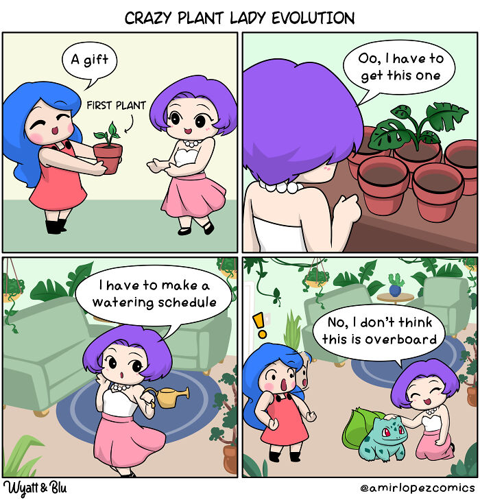 Wholesome comic showing a character’s evolution from one plant to a room full of plants and making a watering schedule.