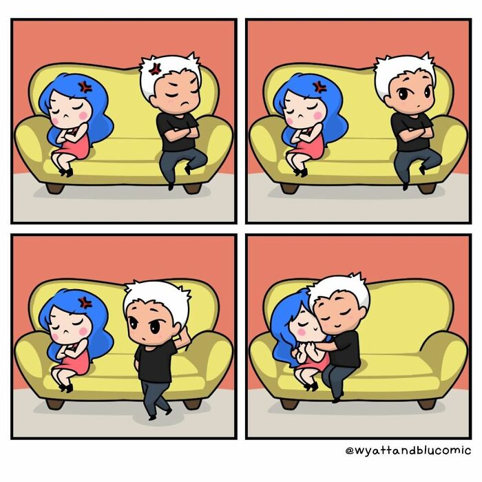 Cartoon couple on a sofa showing emotions from upset to affectionate in a wholesome comic strip.