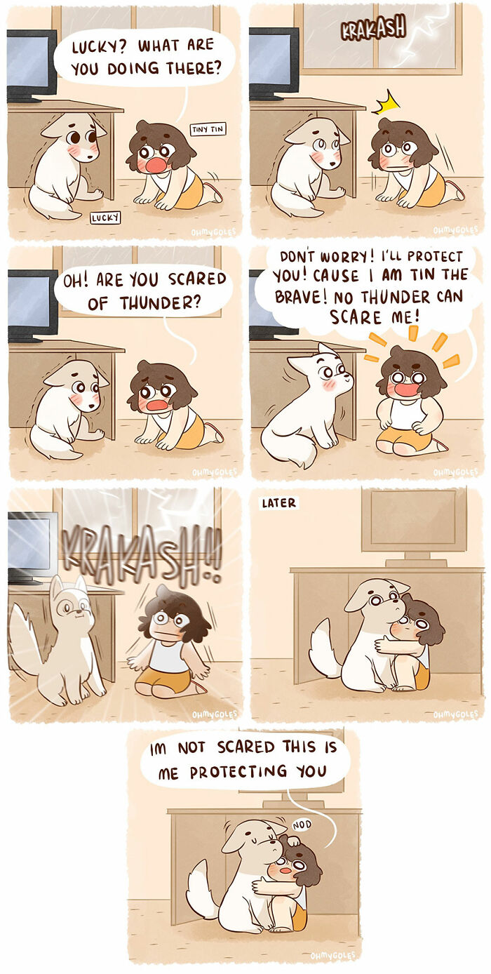 Wholesome comics showing a child and dog comforting each other during a thunderstorm with sweet protective moments.