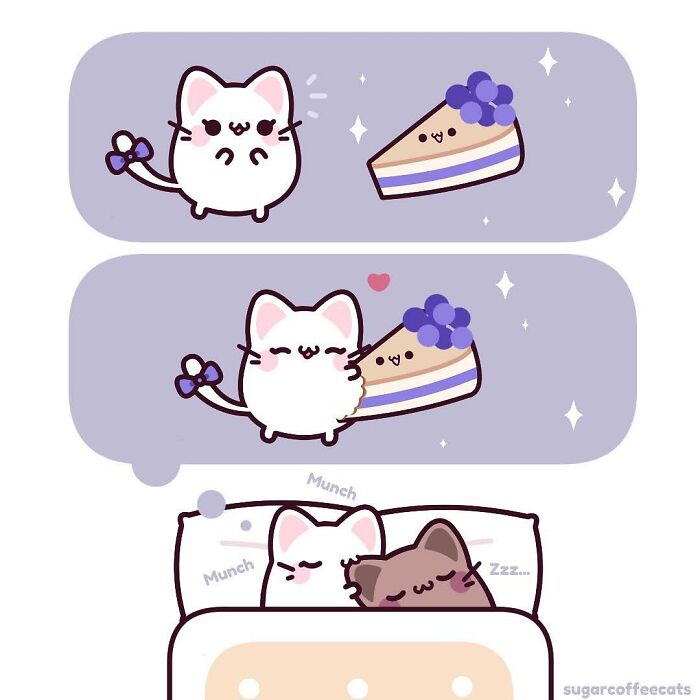 Cute wholesome comics featuring a happy cat and blueberry cheesecake sharing love and sleeping peacefully together.