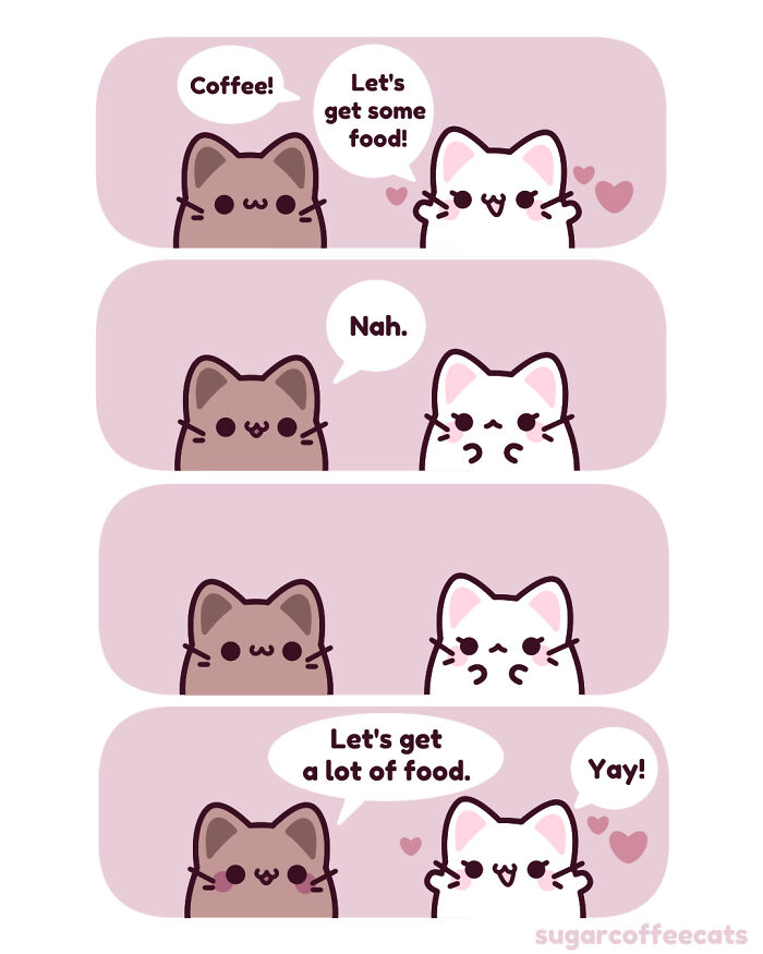 Cute wholesome comics featuring two cats talking about coffee and food with hearts around them.