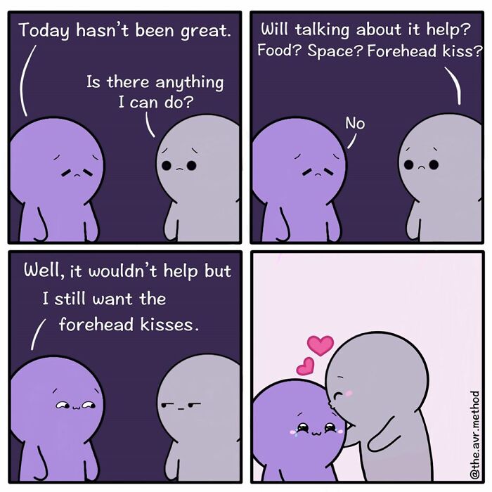 Wholesome comic showing a caring character offering comfort and forehead kisses to a sad friend.