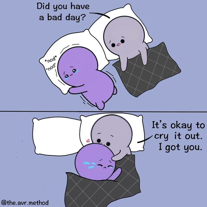 Wholesome comics showing cute characters offering comfort and support during a sad moment in a tender hug.
