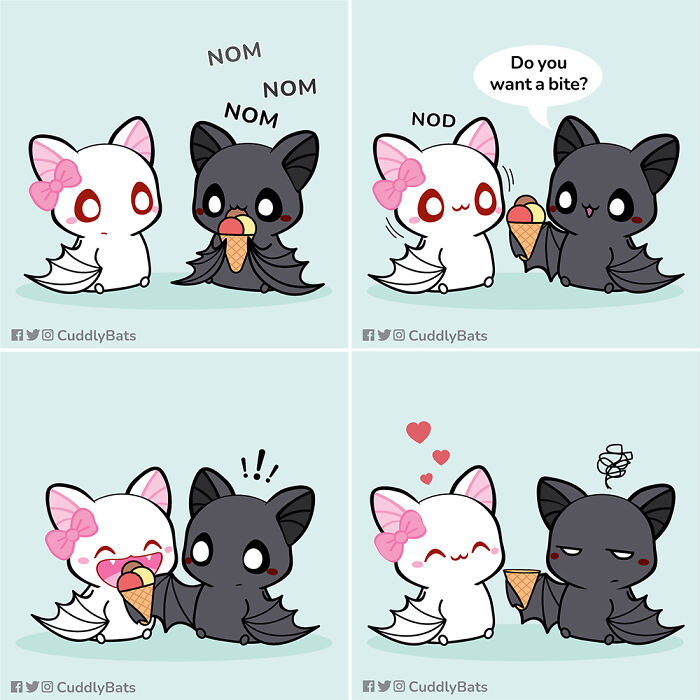 Cute wholesome comic panels featuring two bats sharing an ice cream cone in a sweet moment.