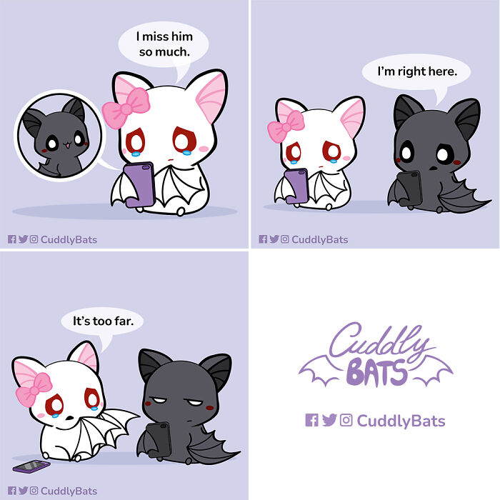 Cute wholesome comics showing two bat characters texting and comforting each other with a sweet and heartfelt conversation.